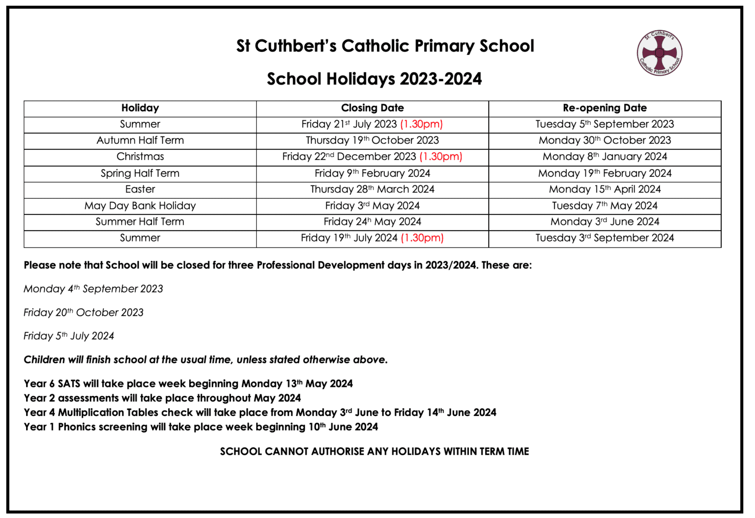 Term Dates St. Cuthbert's Primary School
